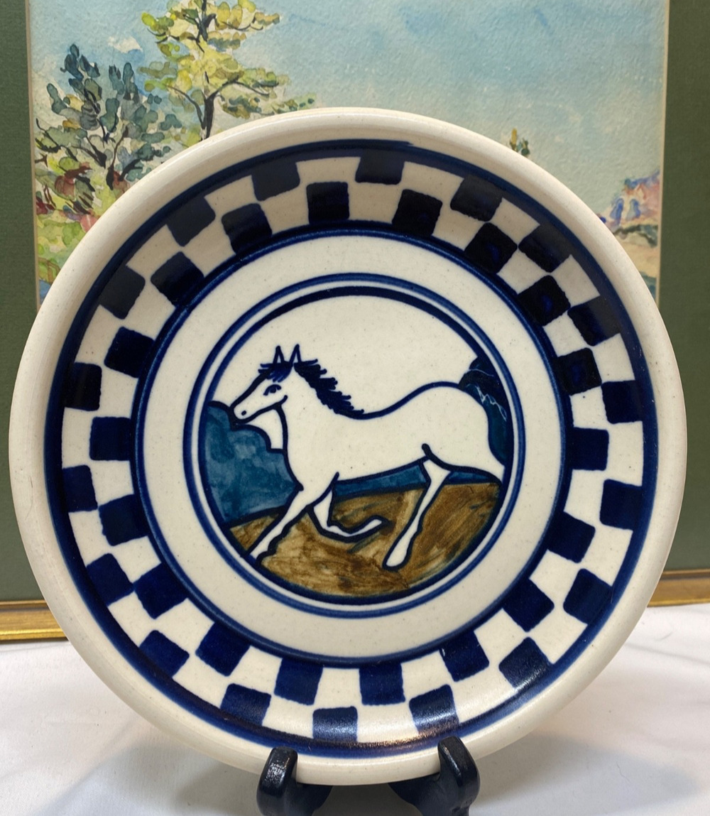 Debbie Dean Pottery HORSE Checkerboard Bowl Folk Art Primitive 8.5"